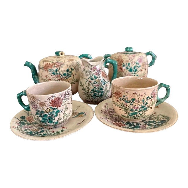 Vintage Japanese Satsuma Style Tea Set Hand Painted Floral Crackle Glaze Green Handles - Set of 7 For Sale