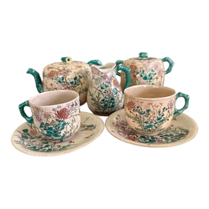Vintage Japanese Satsuma Style Tea Set Hand Painted Floral Crackle Glaze Green Handles - Set of 7