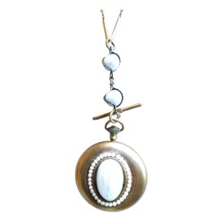 Vintage Pocket Watch Locket With Large Oval Pearl, Toggle Bar & Seed Pearl Frame For Sale