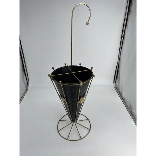 Black Mid Century Modern Brass and Black Umbrella Stand With Brass Leaves For Sale - Image 8 of 8