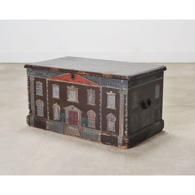 Traditional 19th C. English Painted Pine Chest With Georgian Manor Façade For Sale - Image 3 of 18