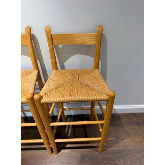 1970s 1970s Set of 3 Danish Modern Style Oak Counter Stools With Rush Seats For Sale - Image 5 of 15