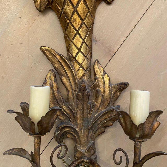 1960s French Carved Giltwood Two-Light Wall Sconces - a Pair For Sale - Image 4 of 10