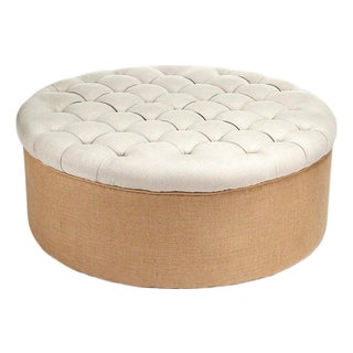 Tufted Round Linen Ottoman with Burlap Base For Sale