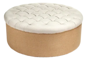 Tufted Round Linen Ottoman with Burlap Base