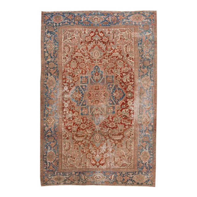 Antique Heriz Persian Handmade Rust Wool Rug With Medallion Design For Sale