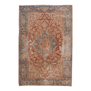 Antique Heriz Persian Handmade Rust Wool Rug With Medallion Design