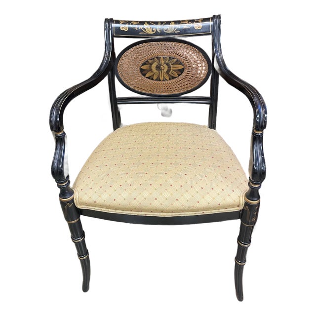 Antique English Regency Ebonized Cane Armchair With Gilt Detailing For Sale