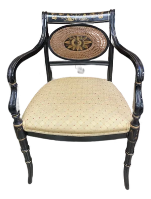 Antique English Regency Ebonized Cane Armchair With Gilt Detailing