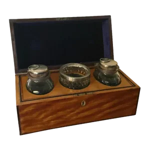 Antique 19th Century English Regency Satinwood Tea Caddy Box with Cyrstal Mixing Bowl and Tea Jars - 4 Pieces