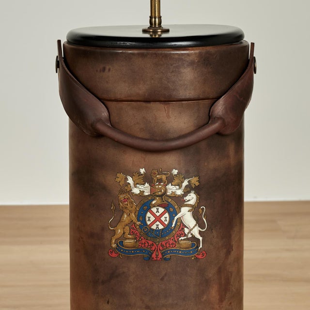 Animal Skin 1920s Antique English Leather Bucket Table Lamps With Armorial Crests - a Pair For Sale - Image 7 of 11