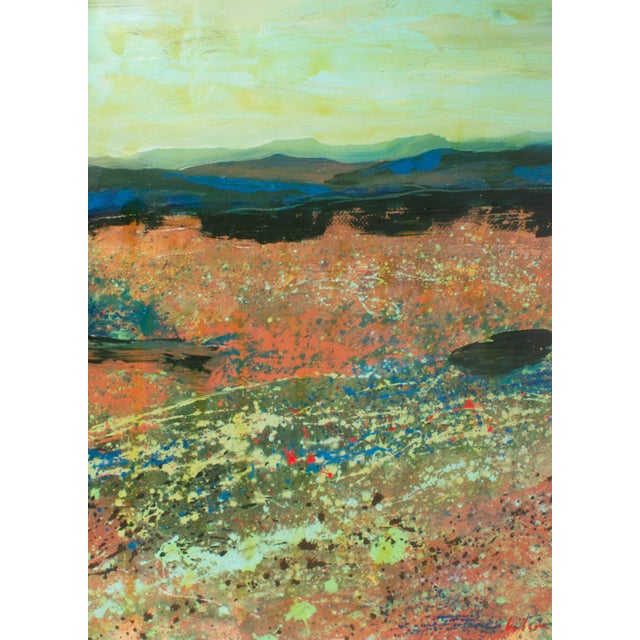 A 1980s acrylic on paper painting by American artist Harry Hilson (1935-2004). This abstracted landscape painting features...