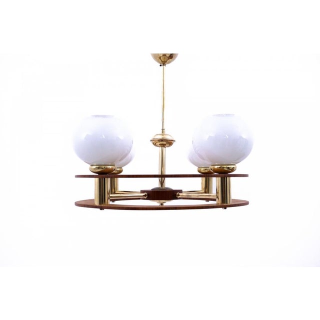 Art Deco chandelier, circa 1950, Poland. Dimensions: height 48 cm / diameter 62 cm European Plug (up to 250V).The wiring...
