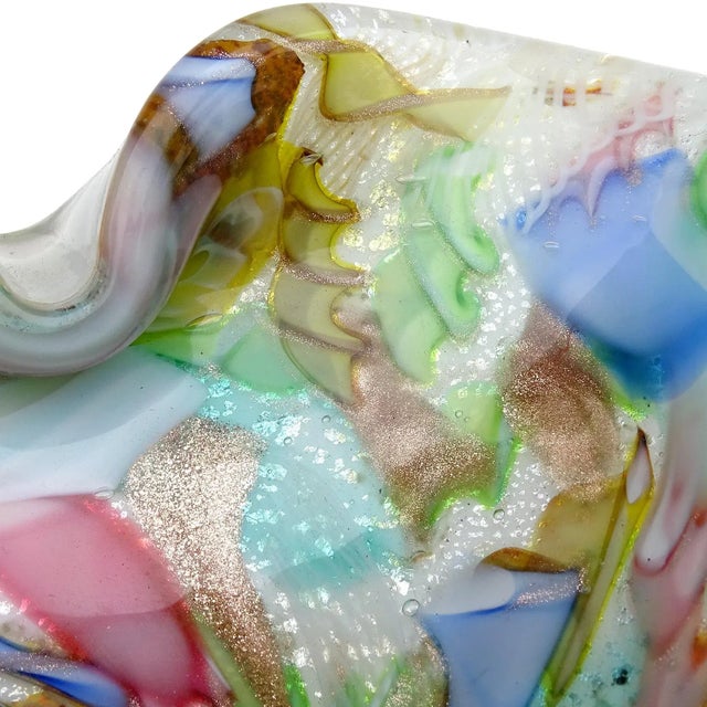 Abstract Murano AVeM White Millefiori Flower Silver Flecks Twisting Ribbons Vintage Italian Art Glass Bowl For Sale - Image 3 of 7