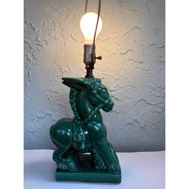 Vintage Emerald Green Glazed Ceramic Donkey Table Lamp – Art Deco Style – 22” Tall For Sale - Image 11 of 11