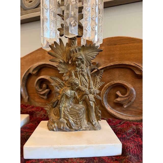 Pair Antique Victorian Figural Bronze Gilt Girandole Candlesticks Crystal Prisms For Sale - Image 4 of 4