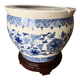 Blue & White Jardiniere W/ Stand For Sale