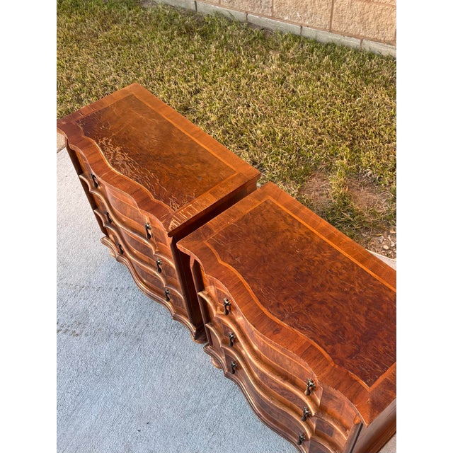 Brown Pair of Burl Walnut Serpentine Chests For Sale - Image 8 of 9