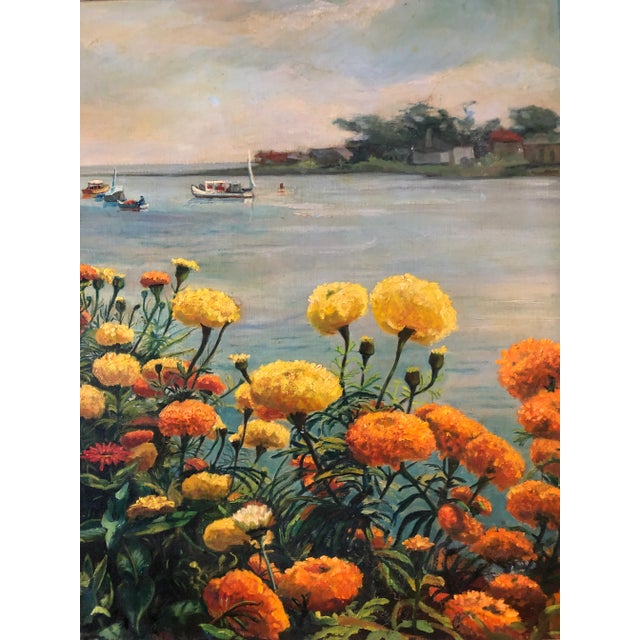Original Vintage 1970’s Beach/Boats/Marigold Landscape Painting For Sale - Image 4 of 8