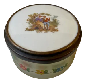 Antique French Vanity Trinket in Hand-Painted Porcelain and Glass