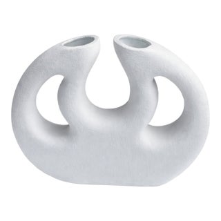 Vintage Matte White Abstract Double-Spout Pottery Vase For Sale