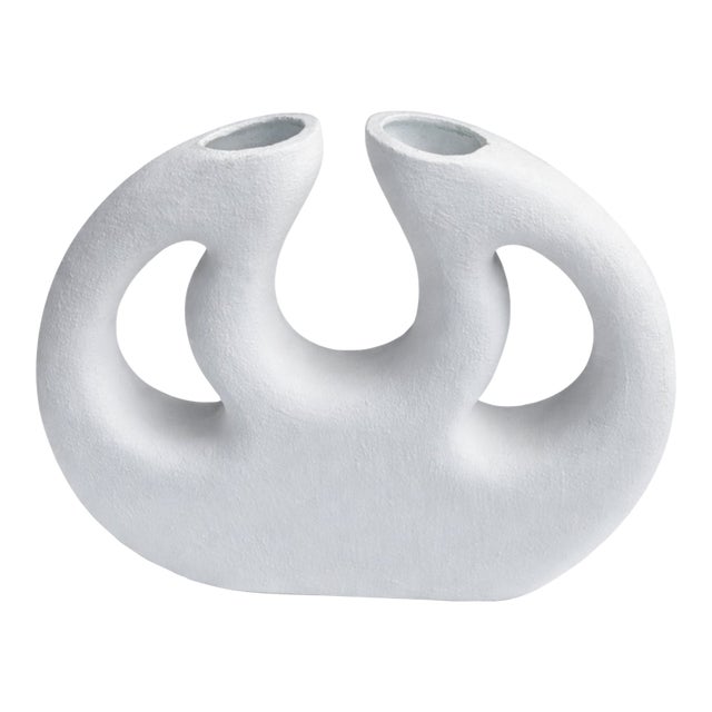 Vintage Matte White Abstract Double-Spout Pottery Vase For Sale