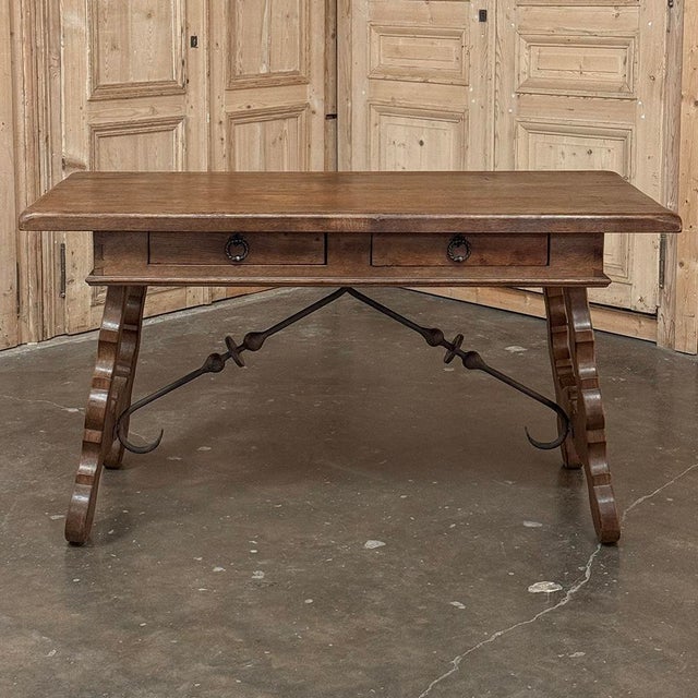 Spanish Revival Vintage Spanish Style Two-Drawer Writing Table With Hand-Forged Iron Supports For Sale - Image 3 of 18