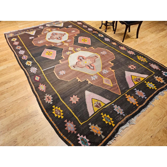 Turkish Vintage Turkish Kilim Rug, Handwoven Wool, Chocolate Brown, Pale Green, 7x11 For Sale - Image 3 of 15