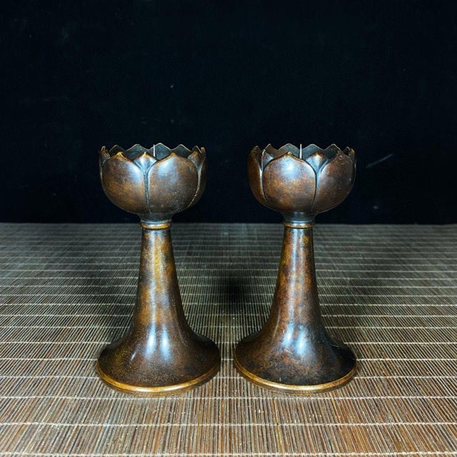 Pair of Vintage Brass Lotus Candlesticks - Asian Altar Candle Holders For Sale - Image 9 of 9