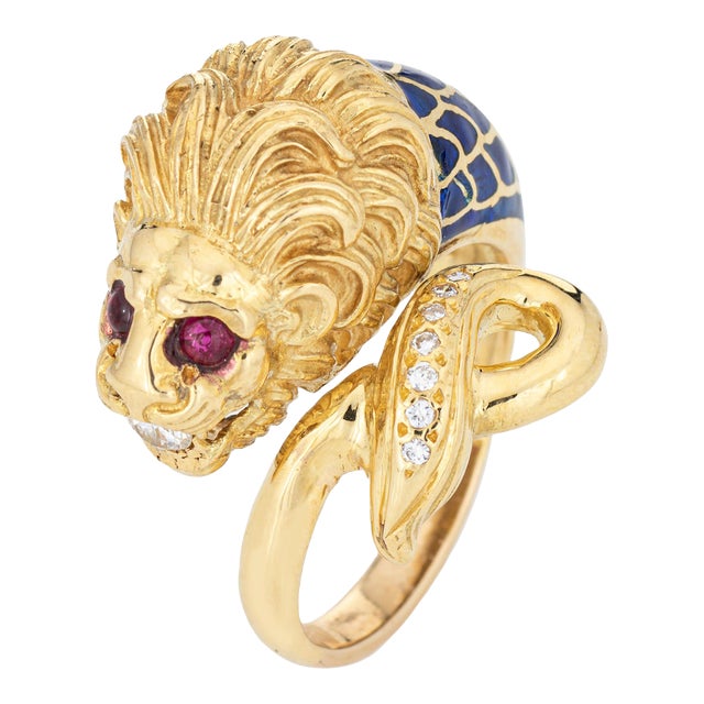 1980s Large Lion Ruby Eyes Diamond Blue Enamel Ring Size 8.5 For Sale