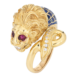 1980s Large Lion Ruby Eyes Diamond Blue Enamel Ring Size 8.5
