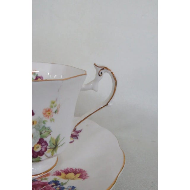 Elizabethan England Bone China Floral White and Gold Tea Cup and Saucer For Sale - Image 11 of 12