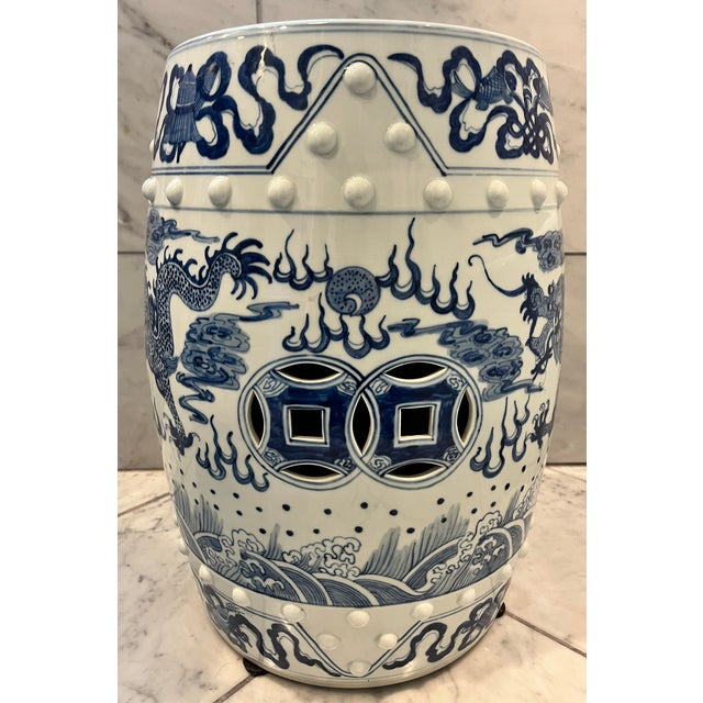 Mid 20th Century Blue & White Chinese Dragon Garden Stool Side Tables - A Pair For Sale - Image 14 of 15