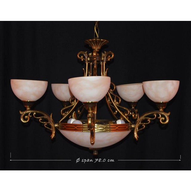 1930s Art Deco Six-Light Chandelier in Brass and Tinted Glass, 1930 For Sale - Image 5 of 18