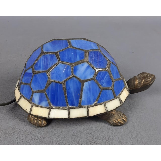Vintage Turtle Table Lamp in Blue Leaded Glass and Brass, 1970s For Sale - Image 3 of 12