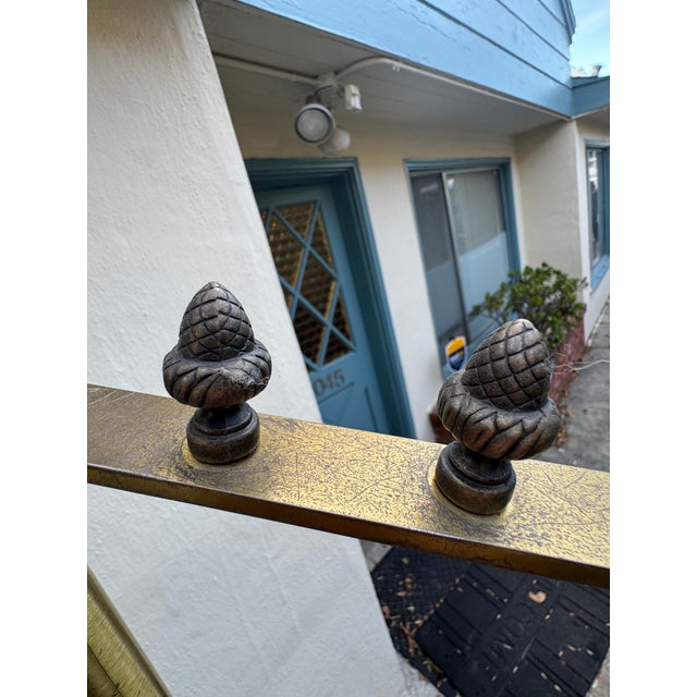 Vintage Brass Commercial Valet Coat Stand With Acorn Finials & Ornate Cast Base, Hotel Lobby Style For Sale - Image 9 of 12