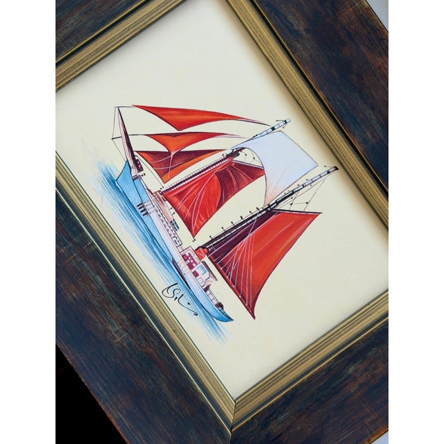 Hand-painted by master artists using acrylic paints and natural pigments, this sailing ship painting pairs vivid red and...