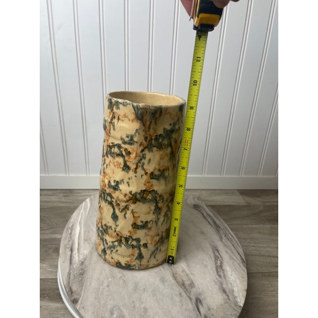 Early 21st Century 19th Century Antique Spongeware Stoneware Pitcher - Blue & Ochre Salt Glaze For Sale - Image 5 of 10