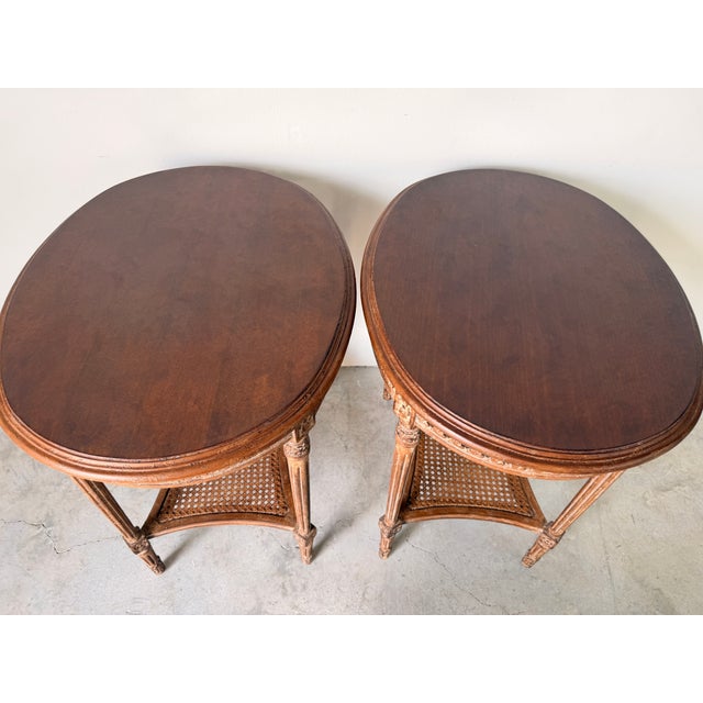 Modern Neoclassical Louis XVI Style Oval Side Tables With Cane Shelves – A Pair For Sale - Image 4 of 15