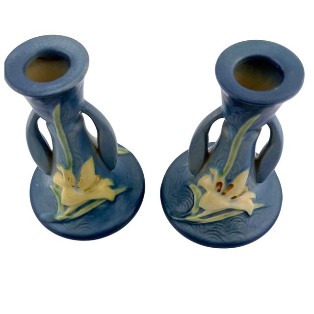 Pair of 1940s Roseville Zephyr Lily Bermuda Blue Candlestick Holders For Sale - Image 10 of 10