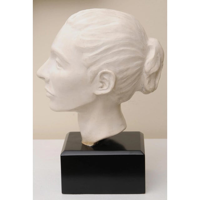 Mid-Century Modern Vintage Plaster of Paris Female Head Bust Sculpture on Black Wood Base, Restored, Italy, 1960's For Sale - Image 3 of 10