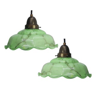 French Green Clichy Marble Patern Glass Pendant Lamp, 1920s, Set of 2 For Sale