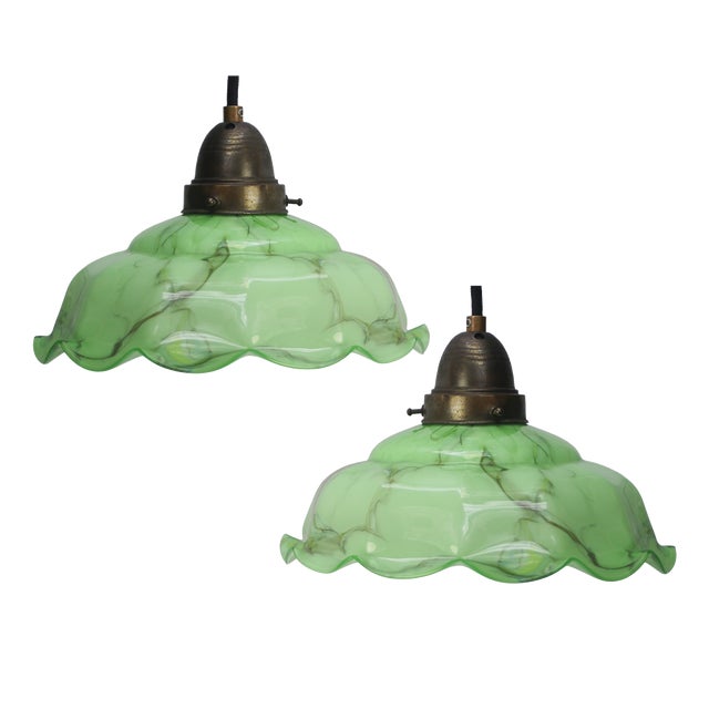 French Green Clichy Marble Patern Glass Pendant Lamp, 1920s, Set of 2 For Sale