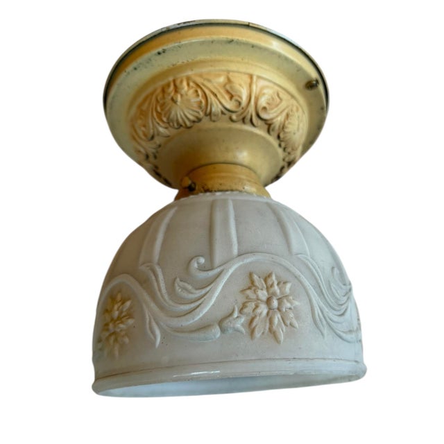 Handpainted Botanical Embossed Ceiling Light Fixture Circa 1920’s For Sale - Image 4 of 8