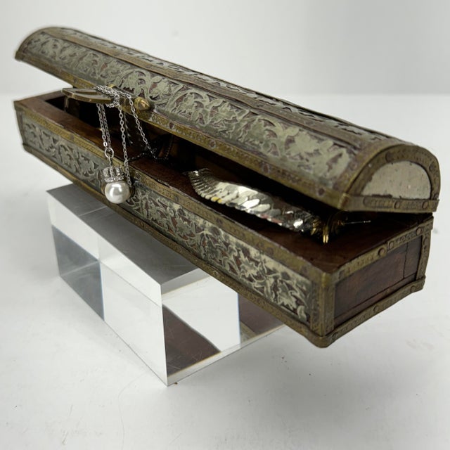Early 20th Century Small Narrow Dome Top Brass Silver Jewelry Box For Sale - Image 4 of 12