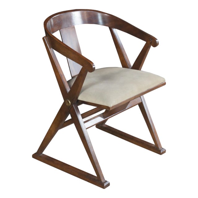 1970s Drexel Heritage Mid Century Modern Distressed Walnut Campaign Style Arm Chair For Sale