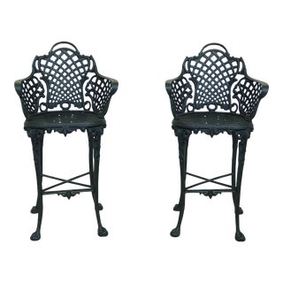 Pair Heavy Aluminum Black Painted Outdoor Bar Chairs For Sale