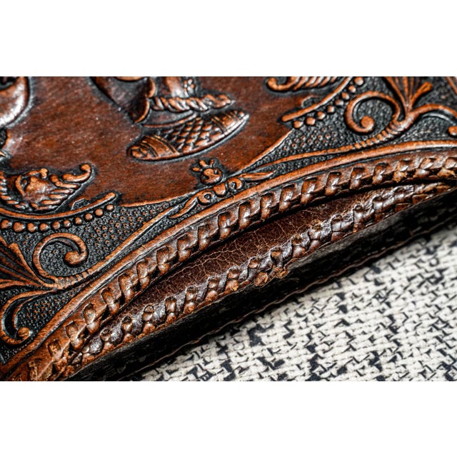 1920s Unique Soldier Braided Trim Hand Tooled Antique Leather Cigarette Case Tobacciana For Sale - Image 5 of 13