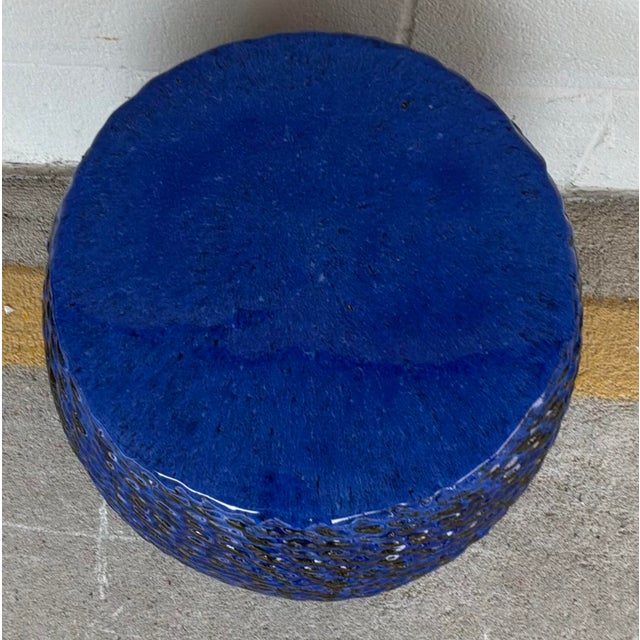 Original retail $940, stylish Made Goods Modern Royal Blue Ceramic Rope Adrian Garden Stool, showroom floor sample