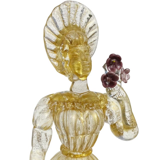 Gorgeous and large antique Murano hand blown gold flecks on opal base Italian art glass woman figure holding purple...